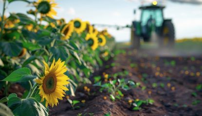 Sprinklers on plant protection sprayer ready to spray sunflower field