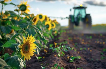 Sprinklers on plant protection sprayer ready to spray sunflower field