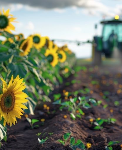 Sprinklers on plant protection sprayer ready to spray sunflower field