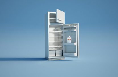 3D rendering of an open empty fridge